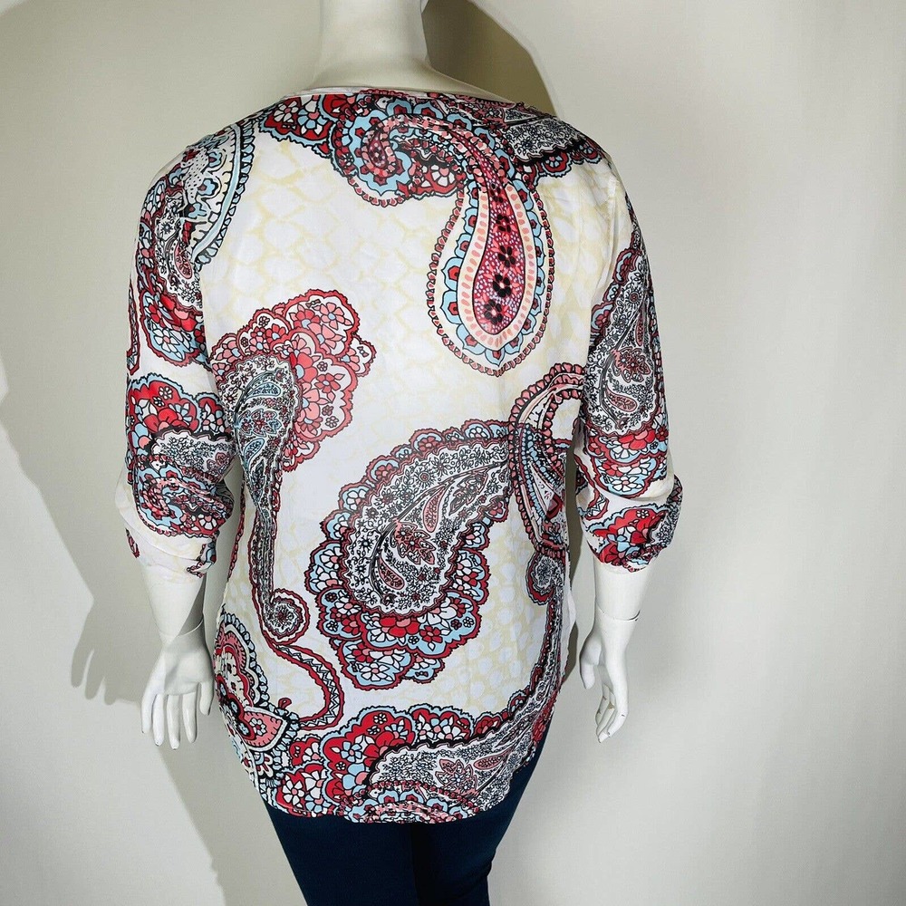Multiples Womans Sz Large Red Paisley Neck 3/4‎ Sleeve Tie Neck - Picture 6 of 8